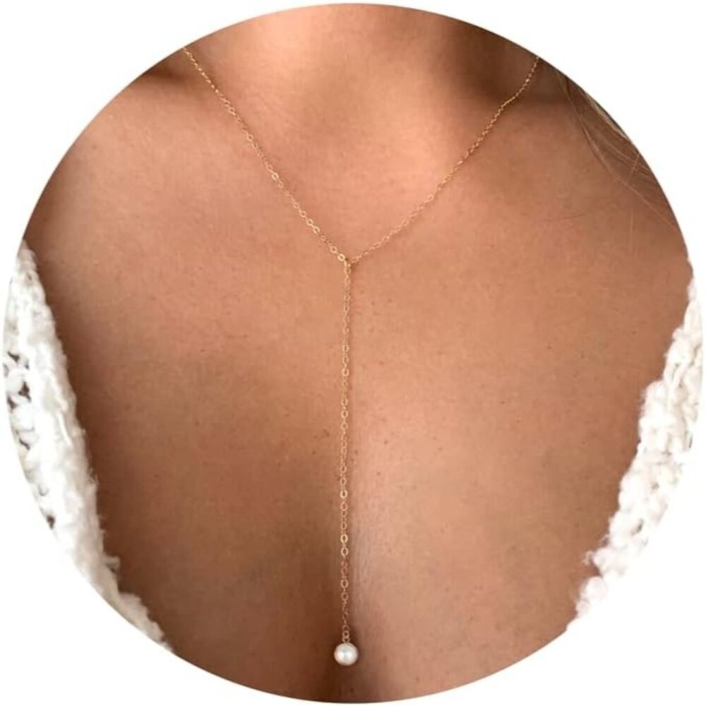 Women 14k Gold Plated Heart Pearl Y Pendant Necklace Simple Gold Drop